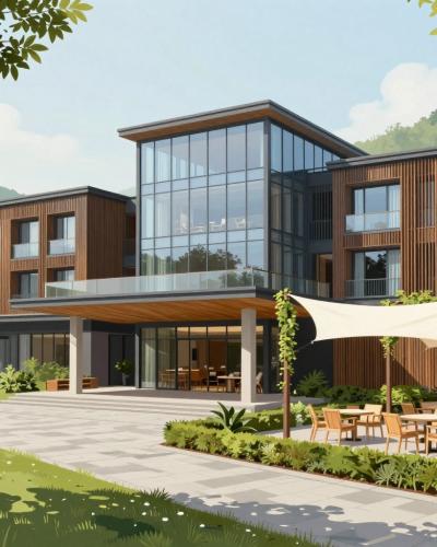 AI-generated illustration of Hotel Balnea, a modern timber-and-glass wellness hotel in the spa park of Dolenjske Toplice