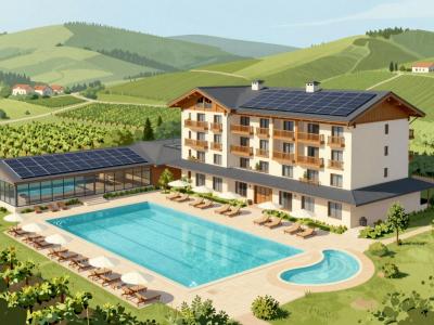 AI-generated illustration of Hotel Bioterme Mala Nedelja, an eco thermal resort with outdoor pools among the green hills of Pomurje
