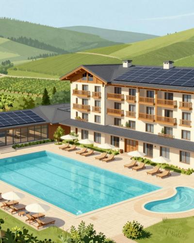 AI-generated illustration of Hotel Bioterme Mala Nedelja, an eco thermal resort with outdoor pools among the green hills of Pomurje