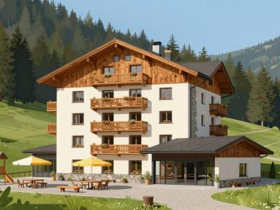 AI-generated illustration of Hotel Center Pokljuka, an alpine hotel with larch balconies amid the spruce forests of the Pokljuka plateau