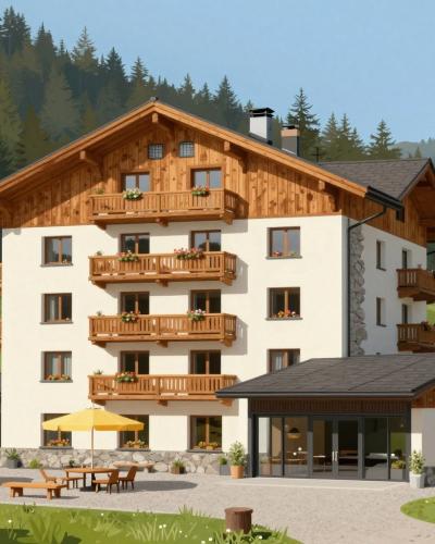 AI-generated illustration of Hotel Center Pokljuka, an alpine hotel with larch balconies amid the spruce forests of the Pokljuka plateau