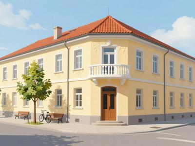 AI-generated illustration of Hranilnica Prekmurskih Dobrot, an Art Nouveau former savings bank on a corner of the Murska Sobota pedestrian centre