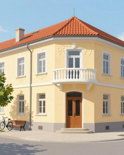 AI-generated illustration of Hranilnica Prekmurskih Dobrot, an Art Nouveau former savings bank on a corner of the Murska Sobota pedestrian centre