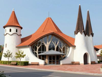 AI-generated illustration of the Hungarian Community Centre in Lendava, the organic-architecture cultural centre designed by Imre Makovecz