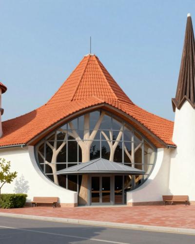 AI-generated illustration of the Hungarian Community Centre in Lendava, the organic-architecture cultural centre designed by Imre Makovecz