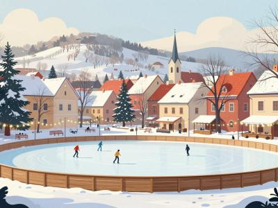 AI-generated illustration of Ice Skating In Stajerska - an outdoor winter ice rink beside a small town with skaters in the distance
