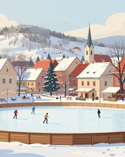 AI-generated illustration of Ice Skating In Stajerska - an outdoor winter ice rink beside a small town with skaters in the distance