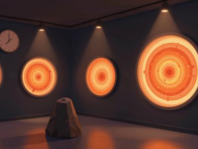 AI-generated illustration of Idrija Geopark Visitors' Centre - the Written in Rocks exhibition room with glowing circular geological displays