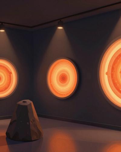AI-generated illustration of Idrija Geopark Visitors' Centre - the Written in Rocks exhibition room with glowing circular geological displays