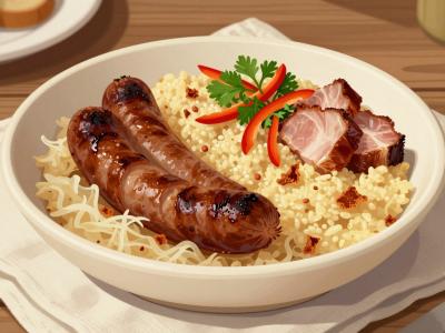 AI-generated illustration of traditional Slovenian countryside dishes served at Inn Pension Les - sausages with sauerkraut and buckwheat mash