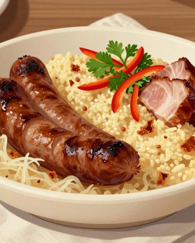 AI-generated illustration of traditional Slovenian countryside dishes served at Inn Pension Les - sausages with sauerkraut and buckwheat mash