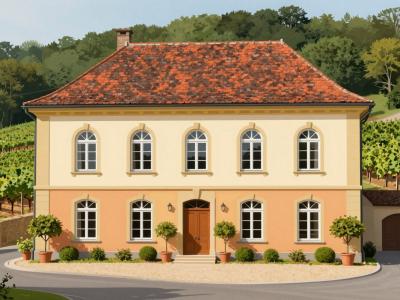 AI-generated illustration of the Istenic wine estate house among the vineyard hills near Pisece