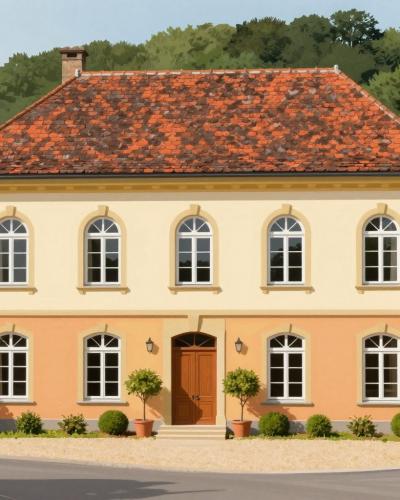 AI-generated illustration of the Istenic wine estate house among the vineyard hills near Pisece