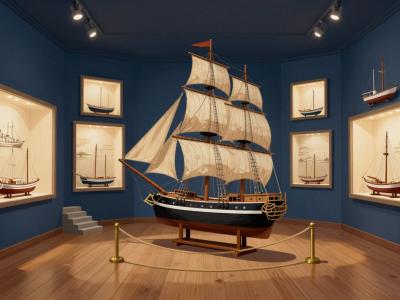 AI-generated illustration of Izolana - The House of Sea, a maritime museum room with ship models and illuminated displays