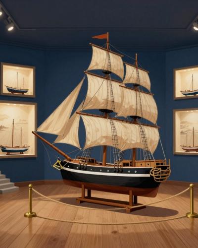 AI-generated illustration of Izolana - The House of Sea, a maritime museum room with ship models and illuminated displays
