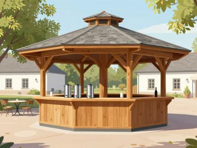 AI-generated illustration of Izvir cvicka (Wine Fountain) in Smarjeske Toplice - an octagonal wooden wine-tasting pavilion