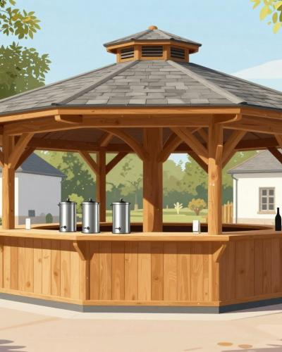 AI-generated illustration of Izvir cvicka (Wine Fountain) in Smarjeske Toplice - an octagonal wooden wine-tasting pavilion