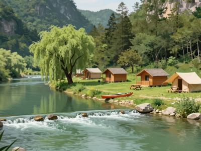 AI-generated illustration of Jankovič (Stari pod) Camping, a riverside campsite with wooden glamping huts on the Kolpa River near Adlešiči
