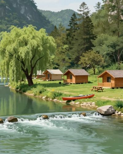 AI-generated illustration of Jankovič (Stari pod) Camping, a riverside campsite with wooden glamping huts on the Kolpa River near Adlešiči