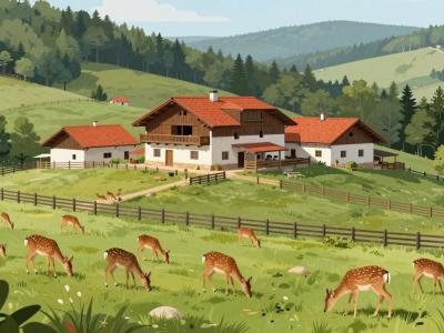 AI-generated illustration of Jelenov Greben, a hilltop homestead near Olimje with a herd of fallow deer grazing on its meadows