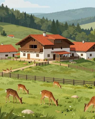 AI-generated illustration of Jelenov Greben, a hilltop homestead near Olimje with a herd of fallow deer grazing on its meadows