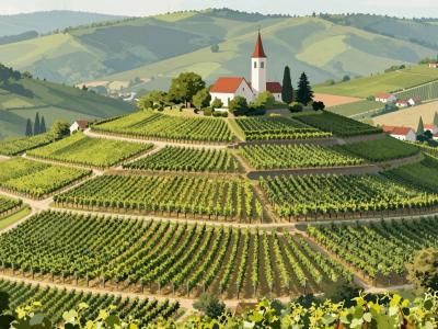 AI-generated illustration of the Jeruzalem Wine Route, terraced vineyard hills crowned by a hilltop church in Štajerska