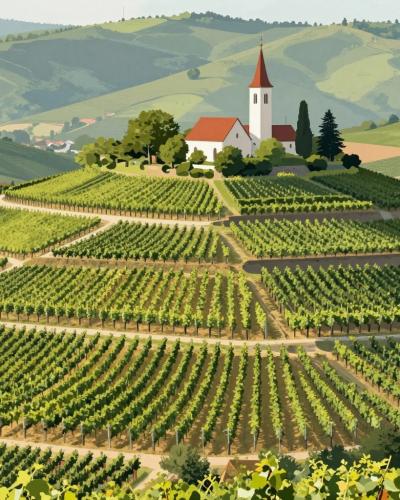 AI-generated illustration of the Jeruzalem Wine Route, terraced vineyard hills crowned by a hilltop church in Štajerska