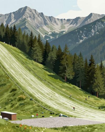 AI-generated illustration of the judging stations beside the ski flying hills in the Planica valley