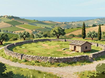 AI-generated illustration of Kaštelir Archaeological Park, a prehistoric hillfort with dry-stone ramparts in the hills above Izola