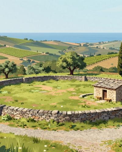 AI-generated illustration of Kaštelir Archaeological Park, a prehistoric hillfort with dry-stone ramparts in the hills above Izola
