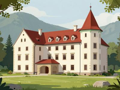 AI-generated illustration of Katzenstein Mansion, a historic manor with a corner tower set in parkland in Begunje na Gorenjskem near Radovljica