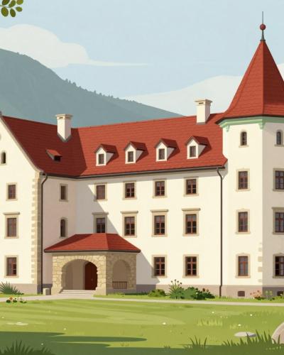 AI-generated illustration of Katzenstein Mansion, a historic manor with a corner tower set in parkland in Begunje na Gorenjskem near Radovljica