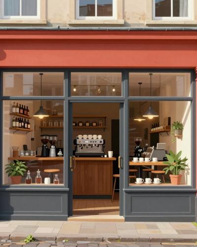 AI-generated illustration of Kavarna HiKoFi, a specialty coffee cafe storefront in Maribor
