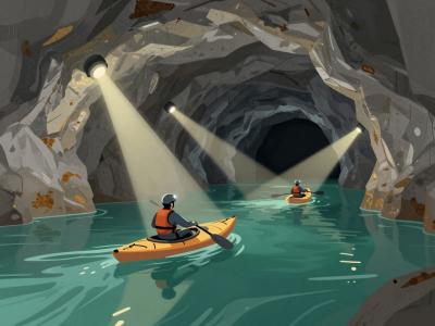 AI-generated illustration of Kayak Tours through the flooded underground mine tunnels of Podzemlje Pece