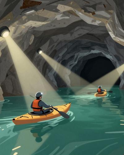 AI-generated illustration of Kayak Tours through the flooded underground mine tunnels of Podzemlje Pece