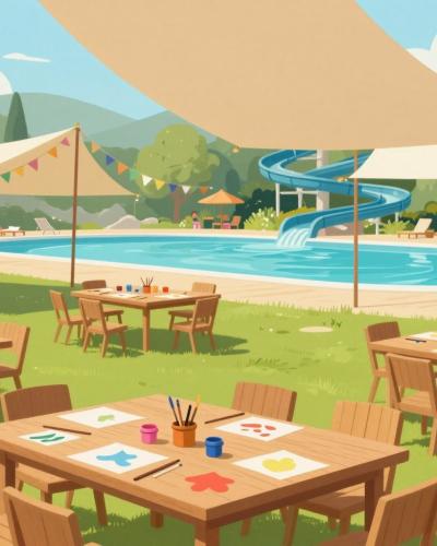 AI-generated illustration of Kids Animation & Workshops, an outdoor craft activity area at the Terme Catez thermal resort