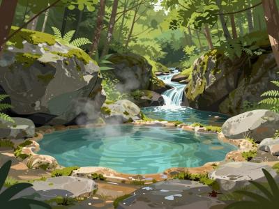 AI-generated illustration of Klevevska Toplica, a natural hypothermal spring pool in a forest ravine near Smarjeske Toplice
