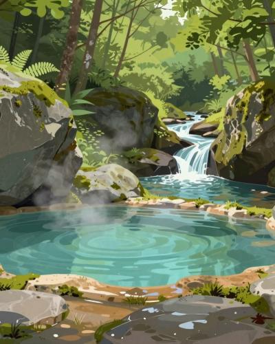 AI-generated illustration of Klevevska Toplica, a natural hypothermal spring pool in a forest ravine near Smarjeske Toplice