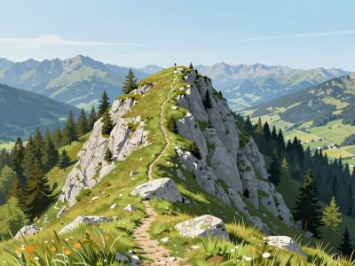 AI-generated illustration of Knieps (Konigov Vrh), a grassy limestone summit above forested valleys near Crna na Koroskem