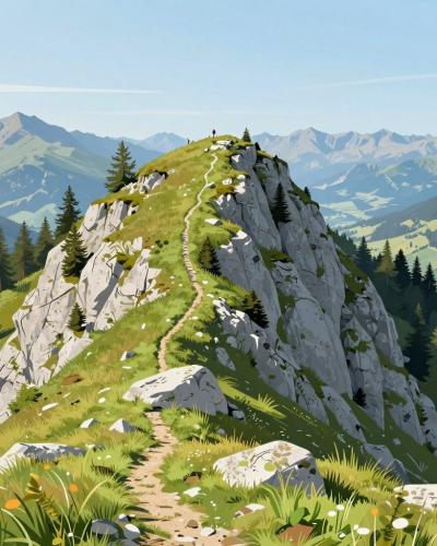 AI-generated illustration of Knieps (Konigov Vrh), a grassy limestone summit above forested valleys near Crna na Koroskem