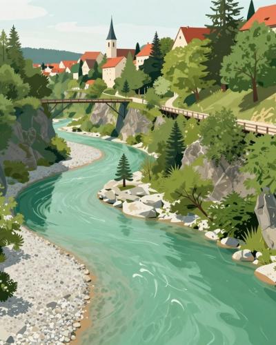 AI-generated illustration of the Kokra River Canyon, a deep green urban gorge cutting through the old town of Kranj