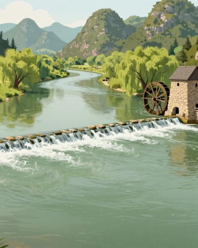 AI-generated illustration of Kolpa Landscape Park, a warm green river sliding over a low stone weir past an old watermill, with the mosaic hills of Bela krajina beyond