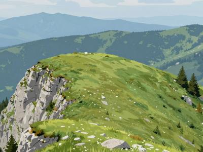 AI-generated illustration of Kordeževa Glava Summit, a grassy alpine plateau with limestone outcrops and dwarf pines high above forested valleys