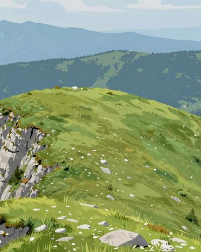 AI-generated illustration of Kordeževa Glava Summit, a grassy alpine plateau with limestone outcrops and dwarf pines high above forested valleys