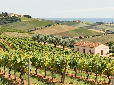 AI-generated illustration of Korenika & Moskon Winery, vineyard rows and olive groves rolling across the hills of Slovenian Istria below a hilltop village