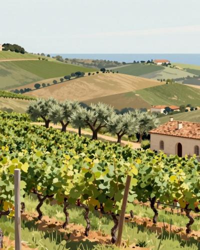AI-generated illustration of Korenika & Moskon Winery, vineyard rows and olive groves rolling across the hills of Slovenian Istria below a hilltop village