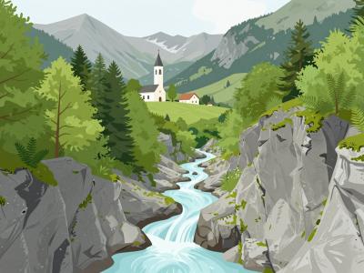 AI-generated illustration of Koseč Gorge, a waterfall dropping into an emerald pool between towering limestone walls in the Soča Valley