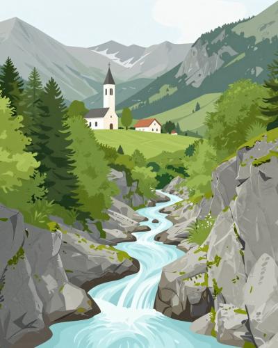 AI-generated illustration of Koseč Gorge, a waterfall dropping into an emerald pool between towering limestone walls in the Soča Valley
