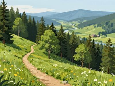 AI-generated illustration of Košenjak Forests, spruce and beech woods with meadow clearings on a ridge above the Drava valley