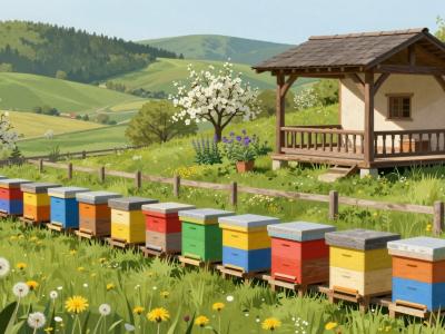 AI-generated illustration of Kozmus Beekeeping Farm, a traditional Slovenian bee house with brightly painted hive fronts in a flowering hillside meadow